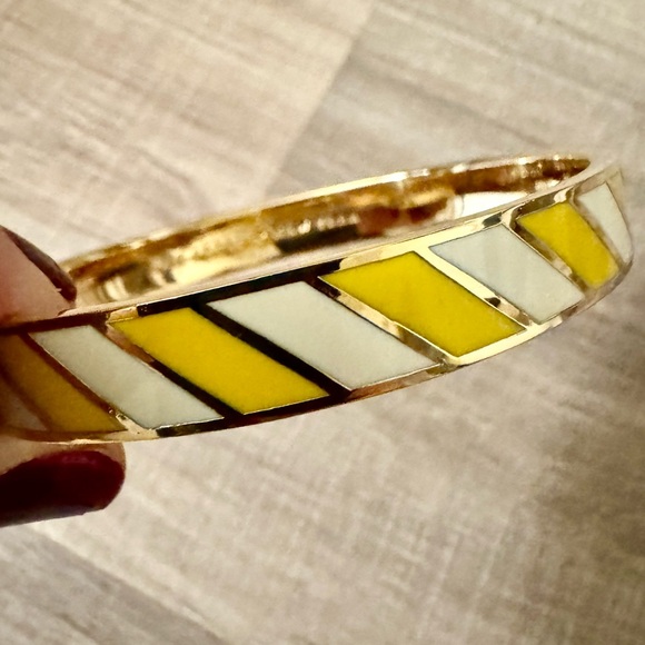 kate spade Jewelry - Kate Spade ‘Toe The Line’ Yellow Cream Enamel Diagonal Stripe Bangle Bracelet